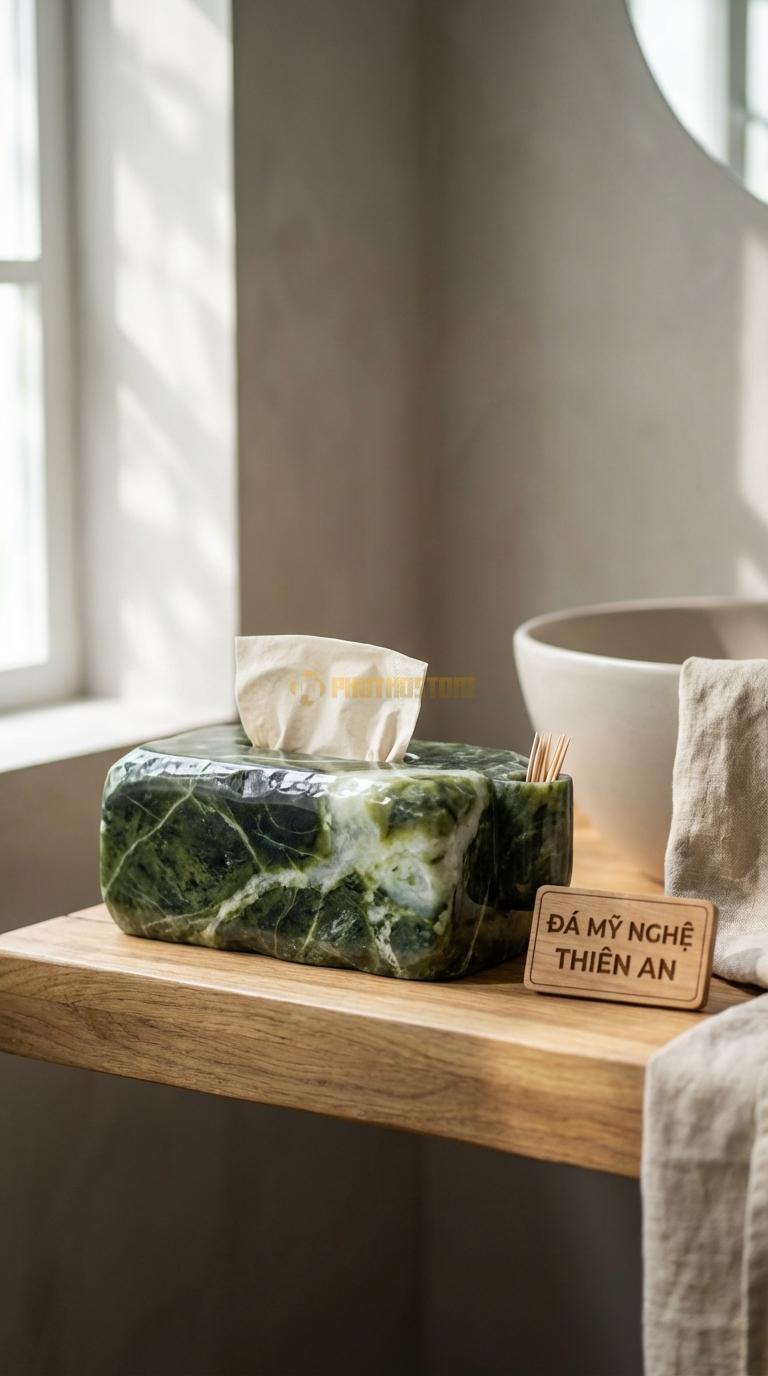 Combo Hộp Giấy Đá Serpentine Kèm Lọ Tăm Thiết Kế Liền Khối, Bên Cạnh Có Ống Cắm Tăm 28cm x 13cm x 11cm
