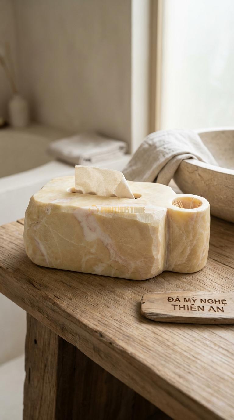 Combo Hộp Giấy Đá Vàng Nghệ An Kèm Lọ Tăm Thiết Kế Liền Khối, Bên Cạnh Có Ống Cắm Tăm 28cm x 13cm x 11cm