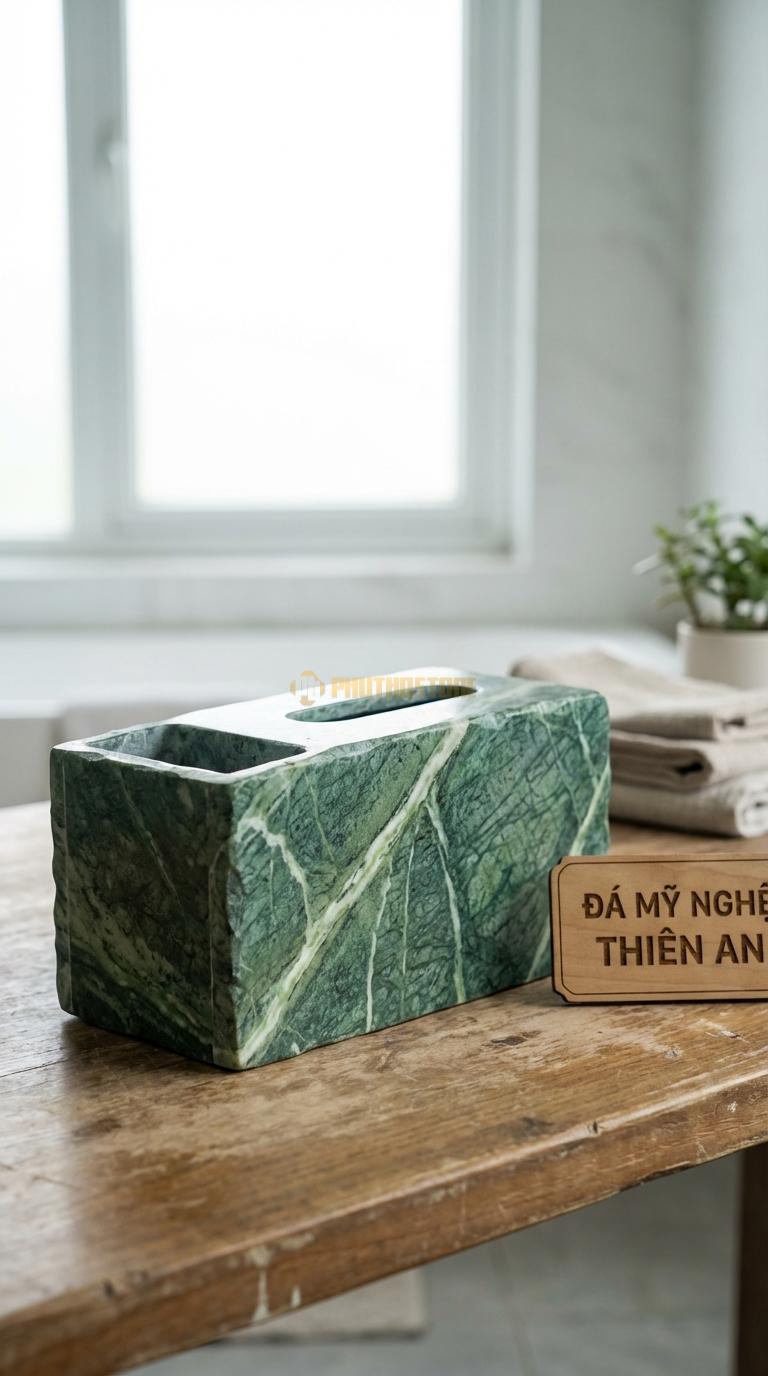 Combo Hộp Giấy Đá Xanh Ấn Kèm Lọ Tăm Thiết Kế Liền Khối, Bên Cạnh Có Ống Cắm Tăm 28cm x 13cm x 11cm