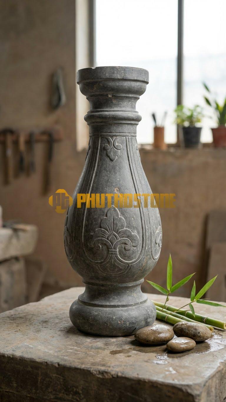 Con Tiện Đá Cẩm Thạch Xám Đài Sen (Đầu Nở): Thân tròn trơn, phần đỉnh tạo hình đài sen đã nở, cao 75cm, đk 14cm.