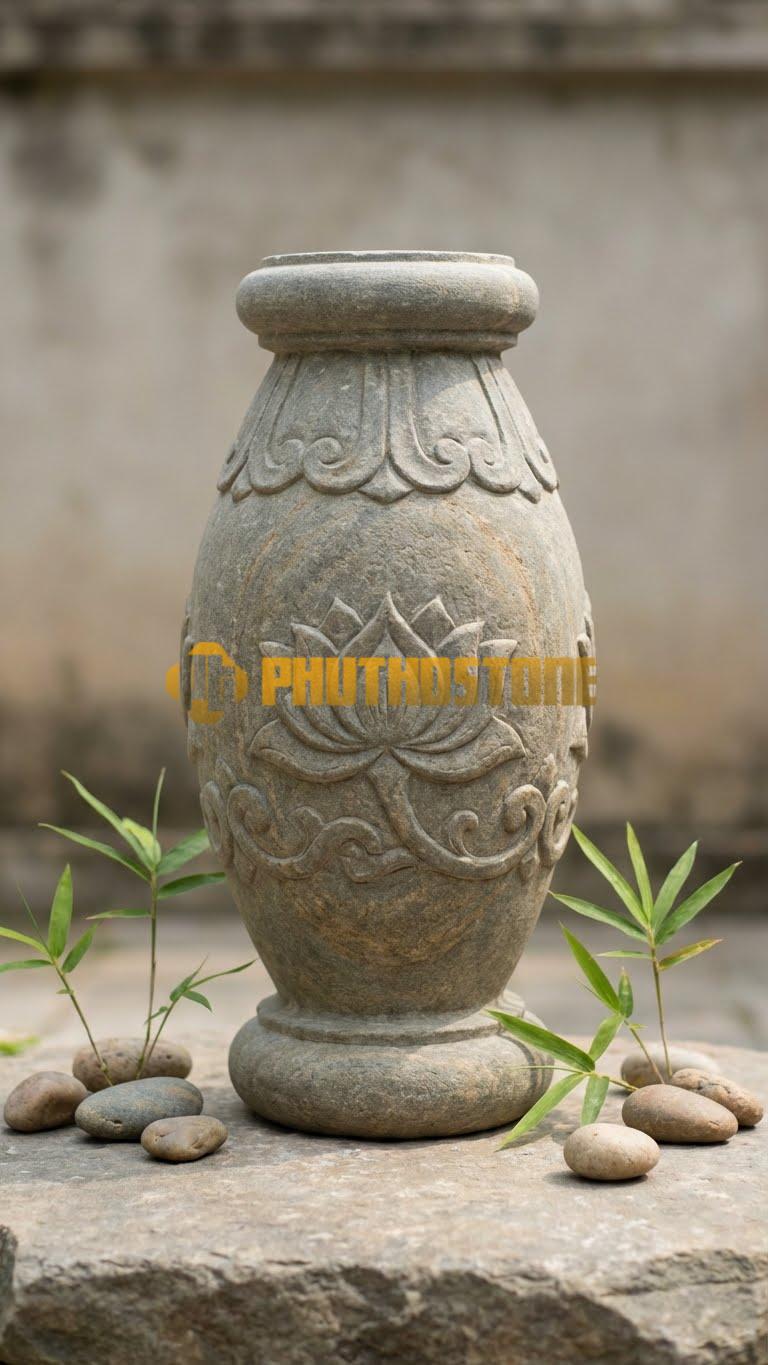 Con Tiện Đá Cẩm Thạch Xám Đài Sen (Đầu Nụ): Thân tròn trơn, phần đỉnh tạo hình búp sen đang e ấp, cao 80cm, đk 12cm.