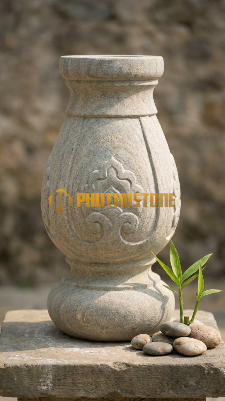 Con Tiện Đá Cẩm Thạch Xám Đốt Trúc 3 Đốt: Mô phỏng thân cây trúc với 3 đốt đều nhau, cao 60cm, đk 10cm, các mắt trúc chạm nổi rõ nét.