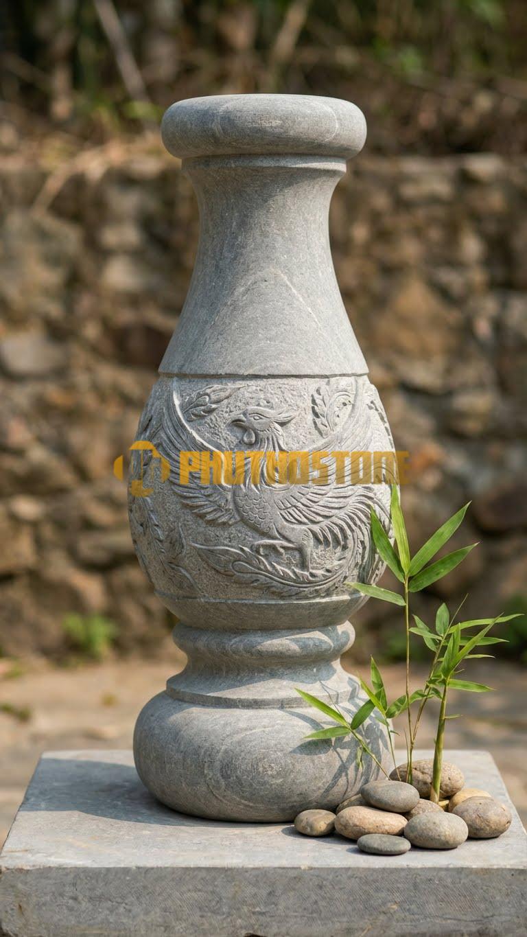 Con Tiện Đá Cẩm Thạch Xám Lục Bình Chạm Phượng: Dáng lục bình, cao 80cm, đk 16cm, thân bình chạm khắc hình chim Phượng hoàng.