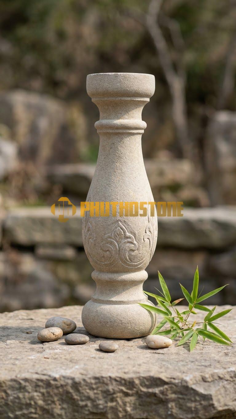 Con Tiện Đá Cẩm Thạch Xám Lục Bình Cổ Cao: Dáng thon thả, phần cổ kéo dài thanh thoát, cao 80cm, đk 12cm, thân trơn không chạm.