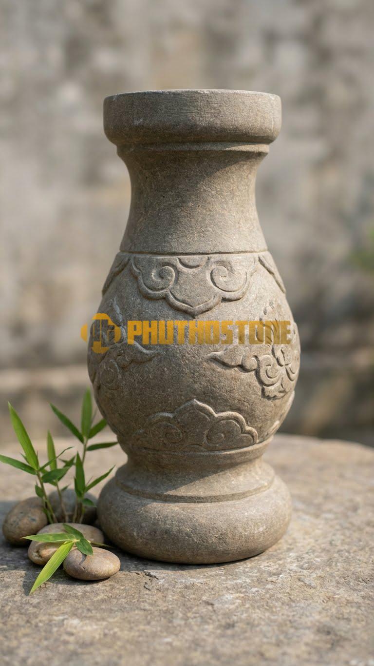 Con Tiện Đá Cẩm Thạch Xám Lục Giác (6 Cạnh): Trụ hình lục lăng đều, cao 70cm, đk 13cm, các cạnh sắc sảo, không chạm hoa văn.