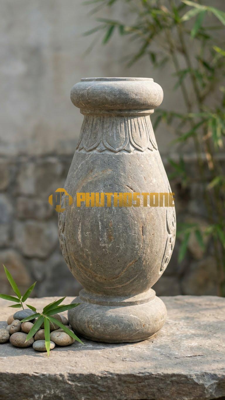 Con Tiện Đá Cuội Lục Bình Chạm Sen (Cổ): Dáng lục bình, cao 75cm, đk 14cm, phần cổ bình chạm vòng cánh sen ngửa.