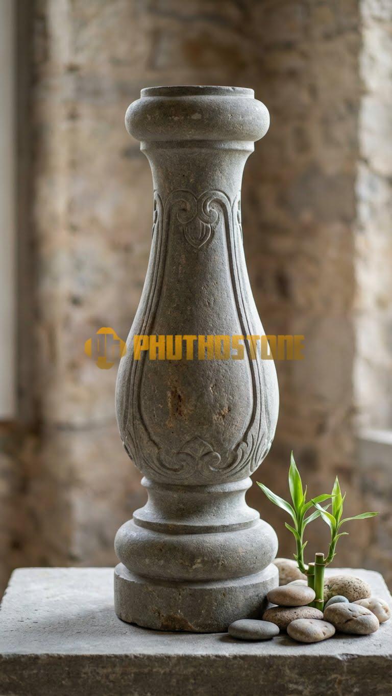 Con Tiện Đá Cuội Lục Bình Cổ Cao: Dáng thon thả, phần cổ kéo dài thanh thoát, cao 80cm, đk 12cm, thân trơn không chạm.