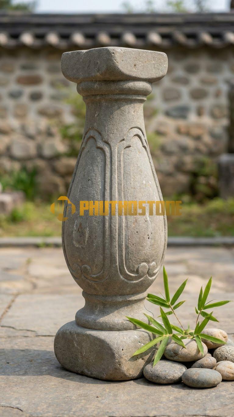 Con Tiện Đá Cuội Tròn Hai Đầu Vuông: Thân giữa tròn, hai đầu (chân và đỉnh) bo vuông, cao 75cm, đk 12cm, dễ dàng lắp ghép mộng.