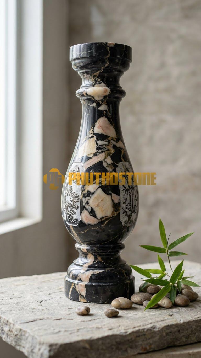 Con Tiện Đá Đá Da Báo Lục Bình Chạm Tứ Quý: Dáng bầu dài, cao 85cm, đk 18cm, chia 4 mặt chạm Tùng – Cúc – Trúc – Mai nhỏ.