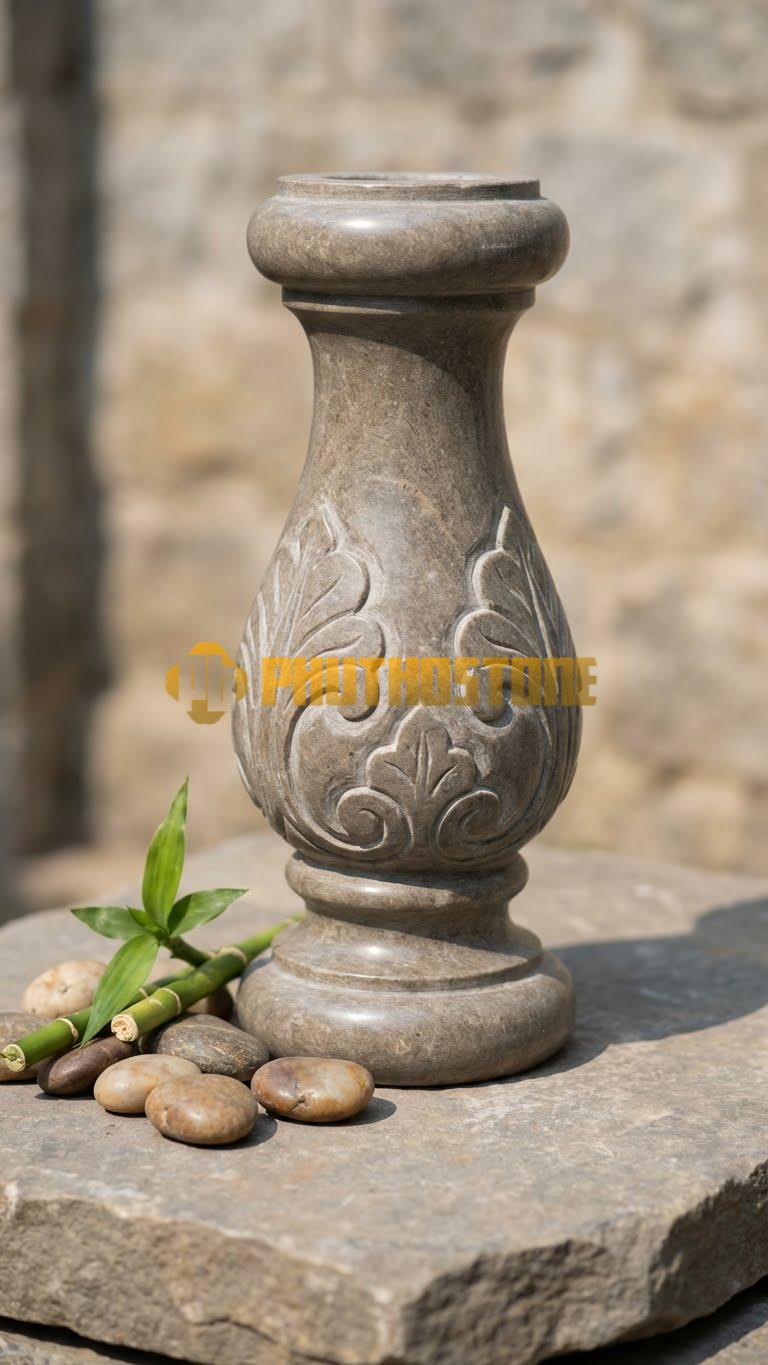 Con Tiện Đá Đá Da Báo Vuông Vát Kim Cương: Trụ vuông, cao 75cm, vuông 12cm, 4 cạnh vát sâu 45 độ tạo thành hình bát giác biến thể.