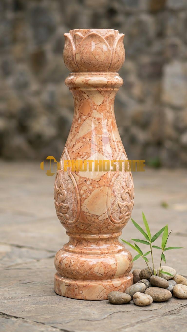 Con Tiện Đá Đá Hồng Đài Sen (Đầu Nở): Thân tròn trơn, phần đỉnh tạo hình đài sen đã nở, cao 75cm, đk 14cm.
