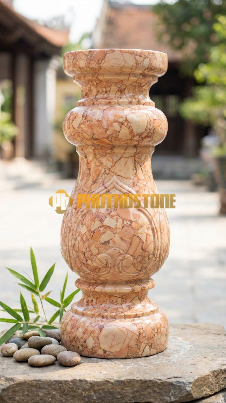 Con Tiện Đá Đá Hồng Hồ Lô Đơn: Dáng 2 bầu tròn chồng lên nhau như quả hồ lô, cao 65cm, đk 14cm, tượng trưng sức khỏe.