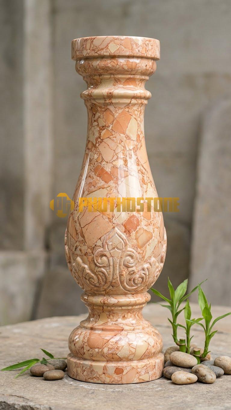 Con Tiện Đá Đá Hồng Tròn Hai Đầu Vuông: Thân giữa tròn, hai đầu (chân và đỉnh) bo vuông, cao 75cm, đk 12cm, dễ dàng lắp ghép mộng.