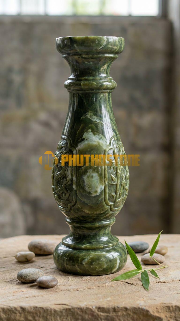Con Tiện Đá Serpentine Trúc Hóa Long: Dáng đốt trúc nhưng phần đầu uốn cong nhẹ mô phỏng đầu rồng, cao 80cm, đk 14cm.