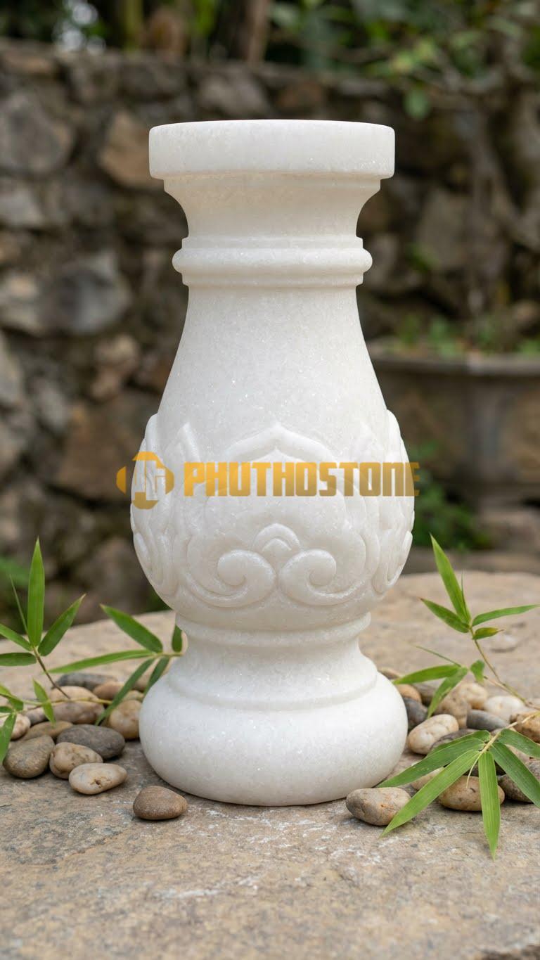 Con Tiện Đá Trắng Muối Vuông Chạm Chữ Thọ: Trụ vuông, cao 80cm, vuông 14cm, chạm nổi chữ Thọ triện ở hai mặt chính.