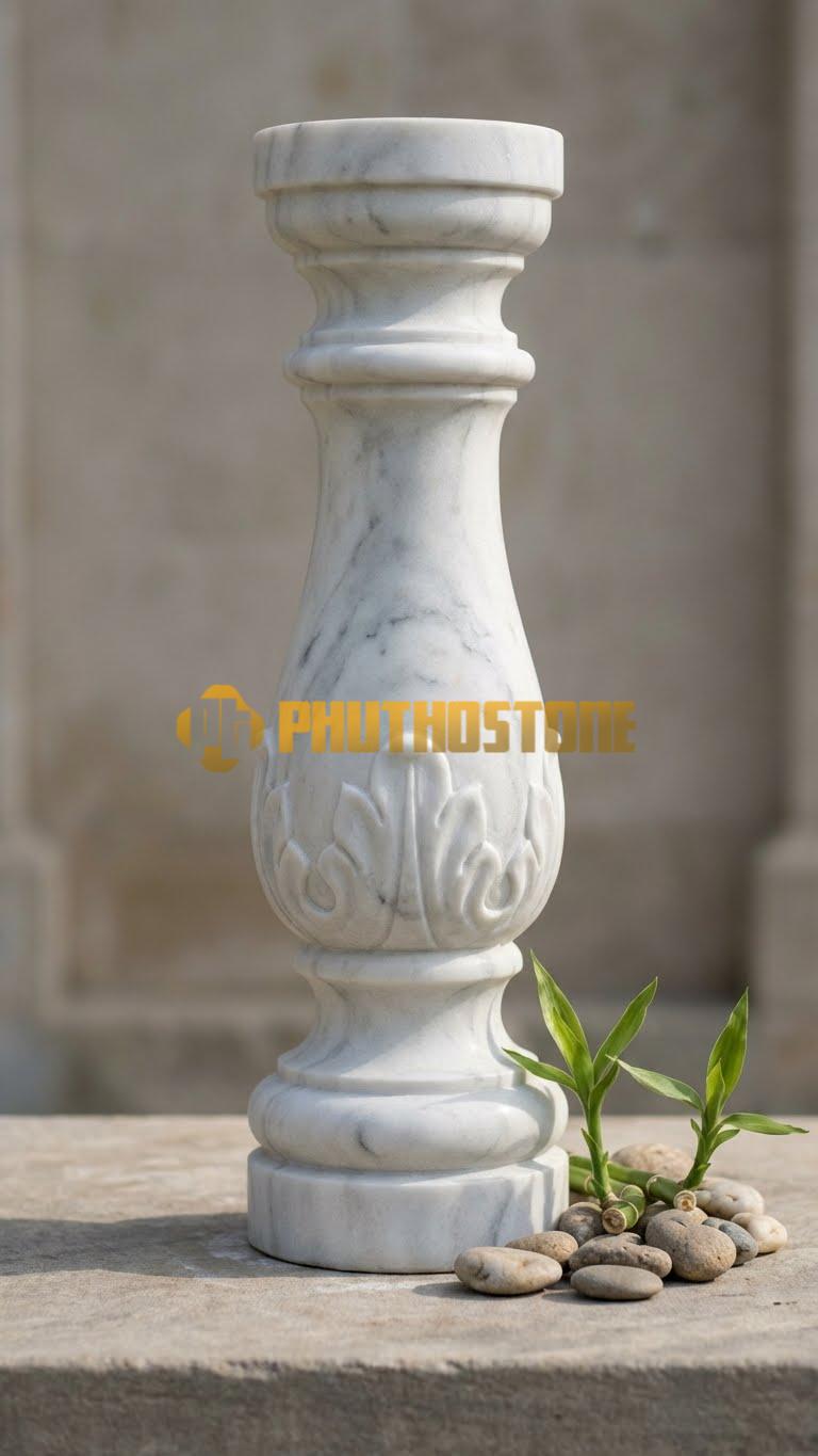 Con Tiện Đá Trắng Xanh Bát Giác (8 Cạnh): Trụ hình bát quái, cao 75cm, đk 14cm, mang ý nghĩa phong thủy trấn trạch.