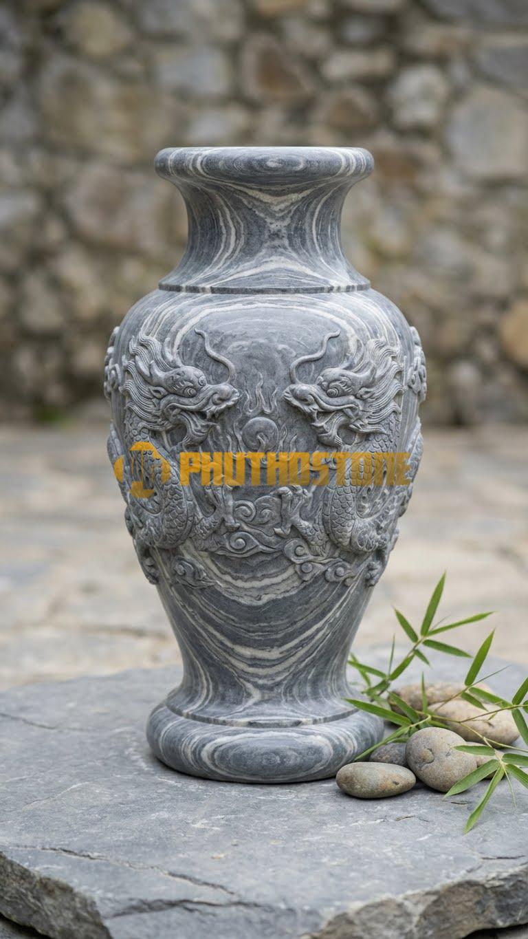 Con Tiện Đá Vân Mây Lục Bình Chạm Rồng: Dáng lục bình, cao 80cm, đk 16cm, thân bình chạm nổi rồng cuộn (Long cuốn) tinh xảo.