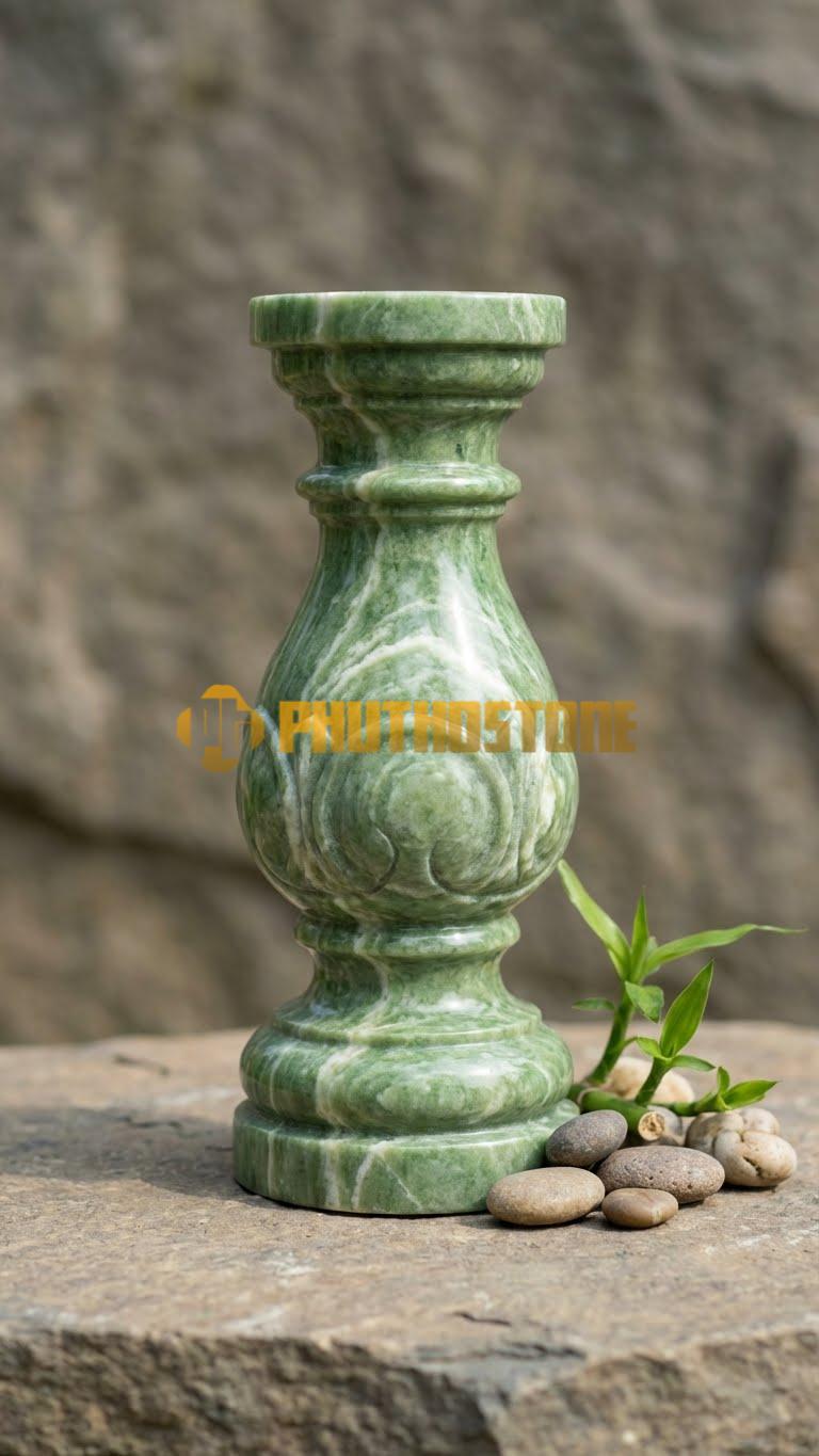 Con Tiện Đá Xanh Ấn Tròn Hai Đầu Vuông: Thân giữa tròn, hai đầu (chân và đỉnh) bo vuông, cao 75cm, đk 12cm, dễ dàng lắp ghép mộng.