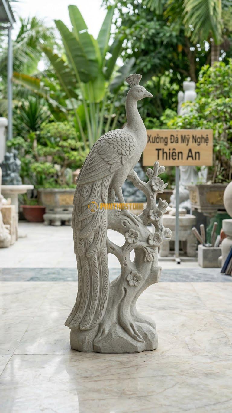 Công Đậu Cành Mai Bằng Đá Sa Thạch, Kiểu Dáng Đuôi Rủ Dài Xuống Dưới. Kích Thước Cao 70cm.