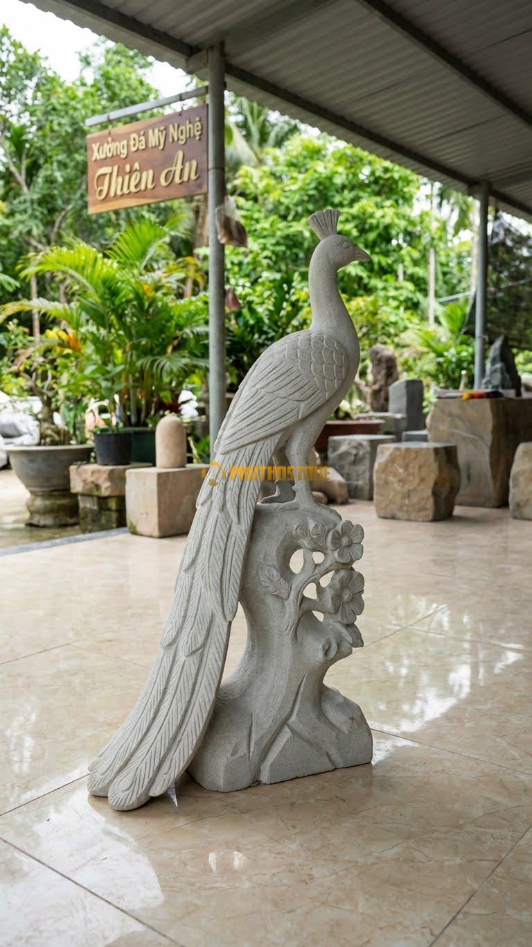 Công Đậu Cành Mai Bằng Đá Sa Thạch, Kiểu Dáng Đuôi Rủ Dài Xuống Dưới. Kích Thước Cao 70cm.