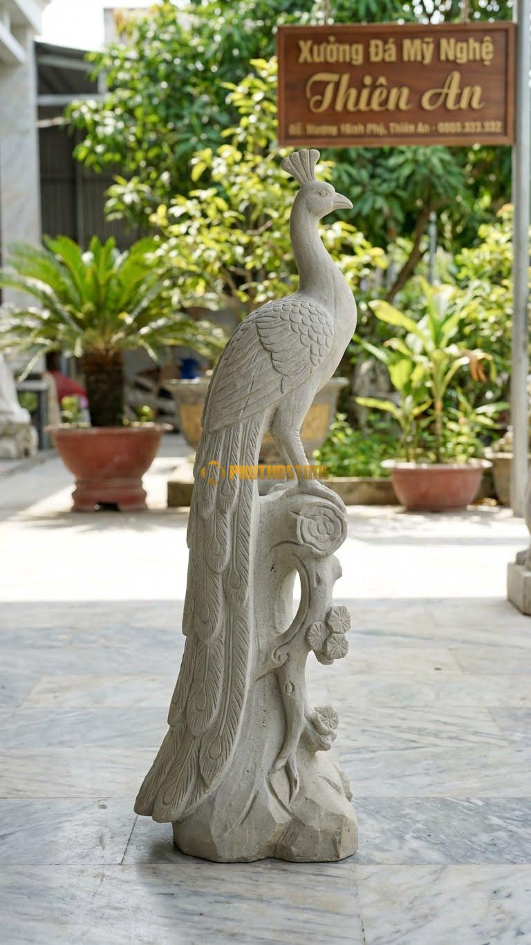 Công Đậu Cành Mai Bằng Đá Sa Thạch, Kiểu Dáng Đuôi Rủ Dài Xuống Dưới. Kích Thước Cao 70cm.