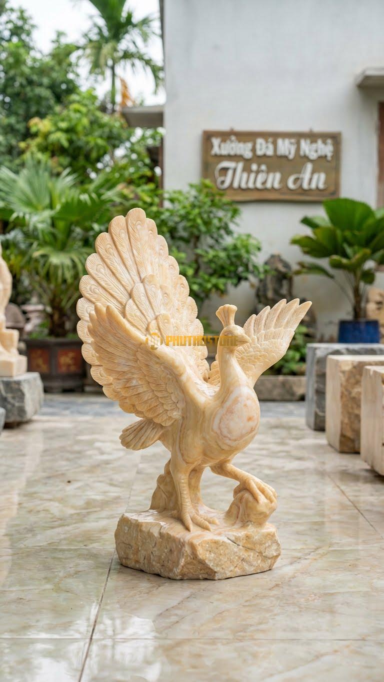 Công Múa Bằng Đá Vàng Nghệ An, Kiểu Dáng Cánh Dang Rộng, Chân Nhón. Kích Thước Cao 45cm.