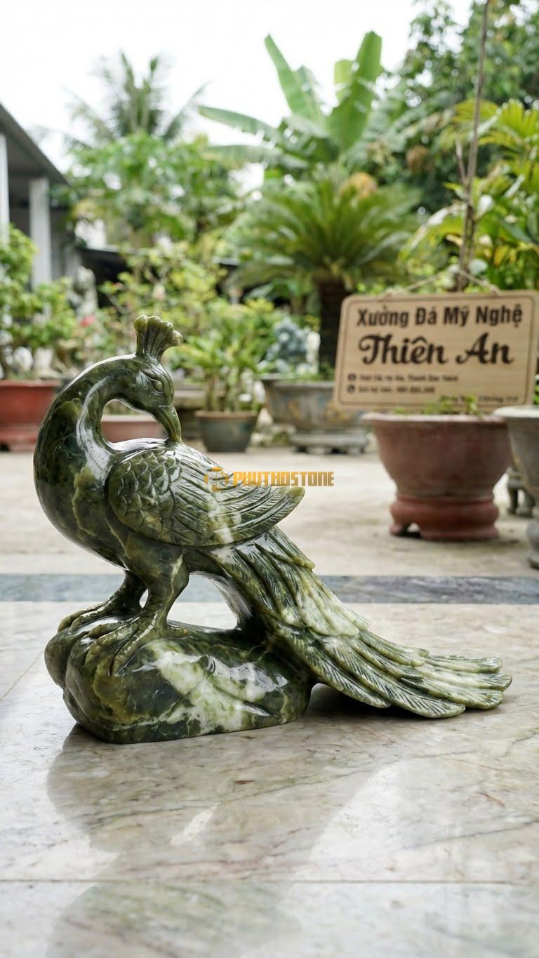 Công Quay Đầu (Hồi Thủ) Bằng Đá Serpentine, Kiểu Dáng Mỏ Rỉa Lông Cánh. Kích Thước Dài 40cm.