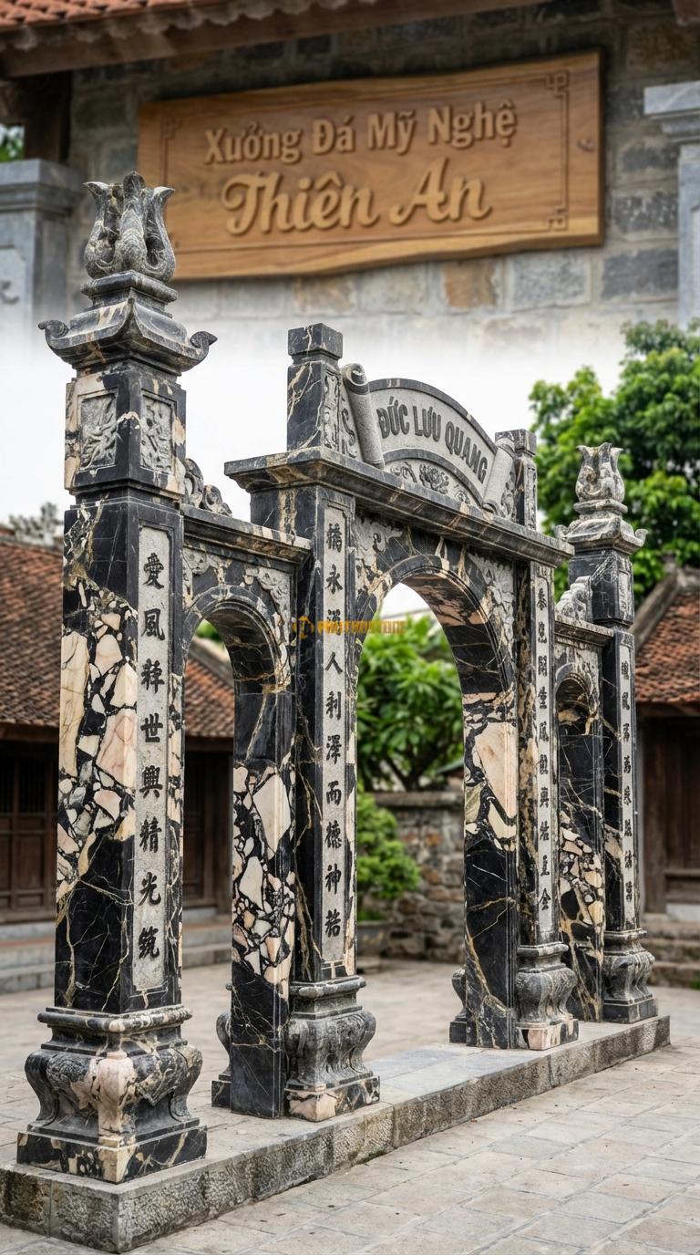 Cổng Tam Quan Đá Da Báo Câu Đối Chữ Hán: Cột chạm câu đối, trán cổng chạm cuốn thư “Đức Lưu Quang”. Cột chính vuông 30cm; Cao tổng thể 3m6