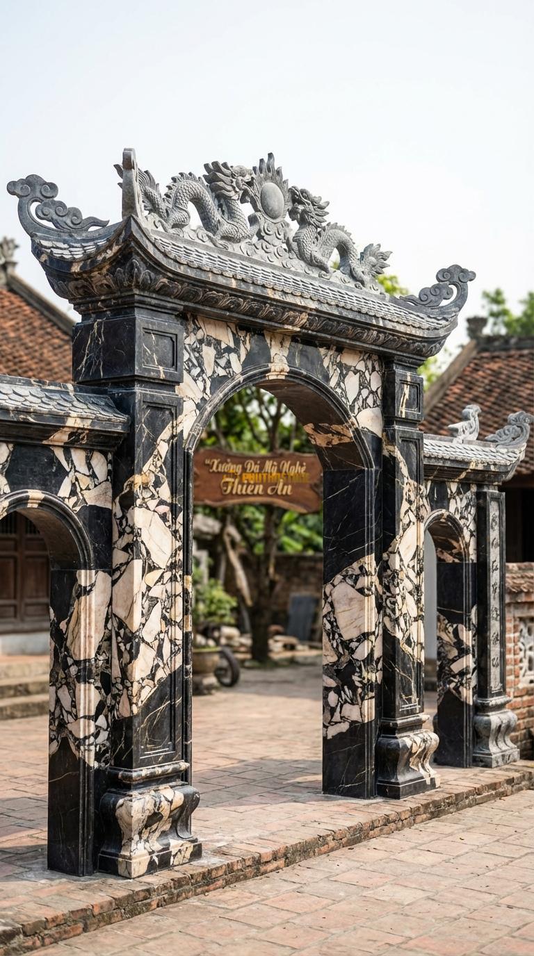Cổng Tam Quan Đá Da Báo Lưỡng Long Chầu Nguyệt: Đỉnh mái đặt mặt nguyệt lửa, đầu đao mây. Cột chính vuông 35cm; Rộng phủ bì 4m15