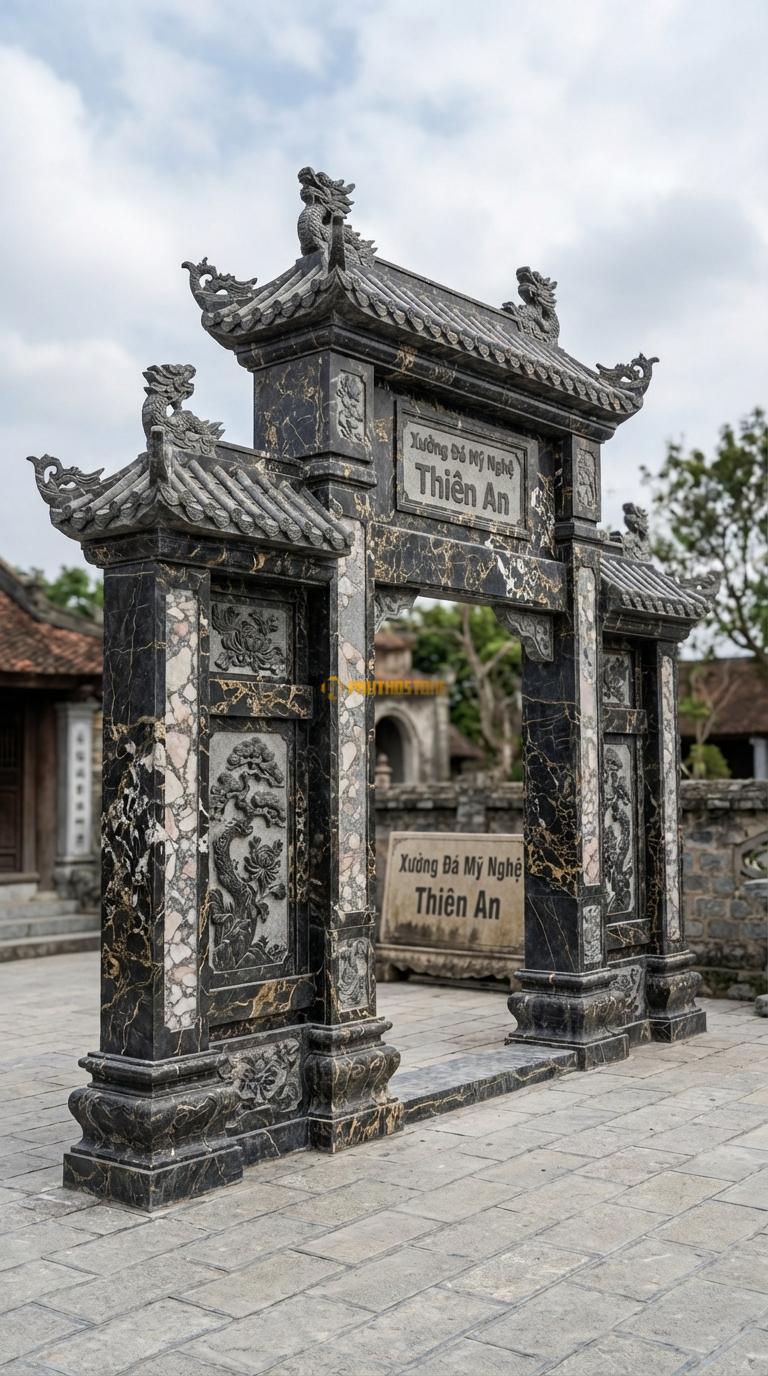 Cổng Tam Quan Đá Da Báo Mái Chùa Cổ: Ngói ống, đao rồng kìm nóc. Vách chạm Tùng – Cúc. Cột chính vuông 30cm; Rộng phủ bì 3m22