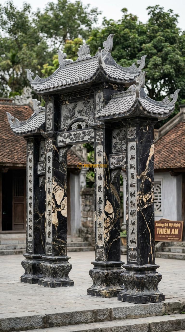 Cổng Tam Quan Đá Da Báo Mái Đao Lá: Mái giả ngói vảy cá, đầu đao cách điệu lá lan (nhẹ nhàng). Cột chính vuông 25cm; Rộng phủ bì 2m83