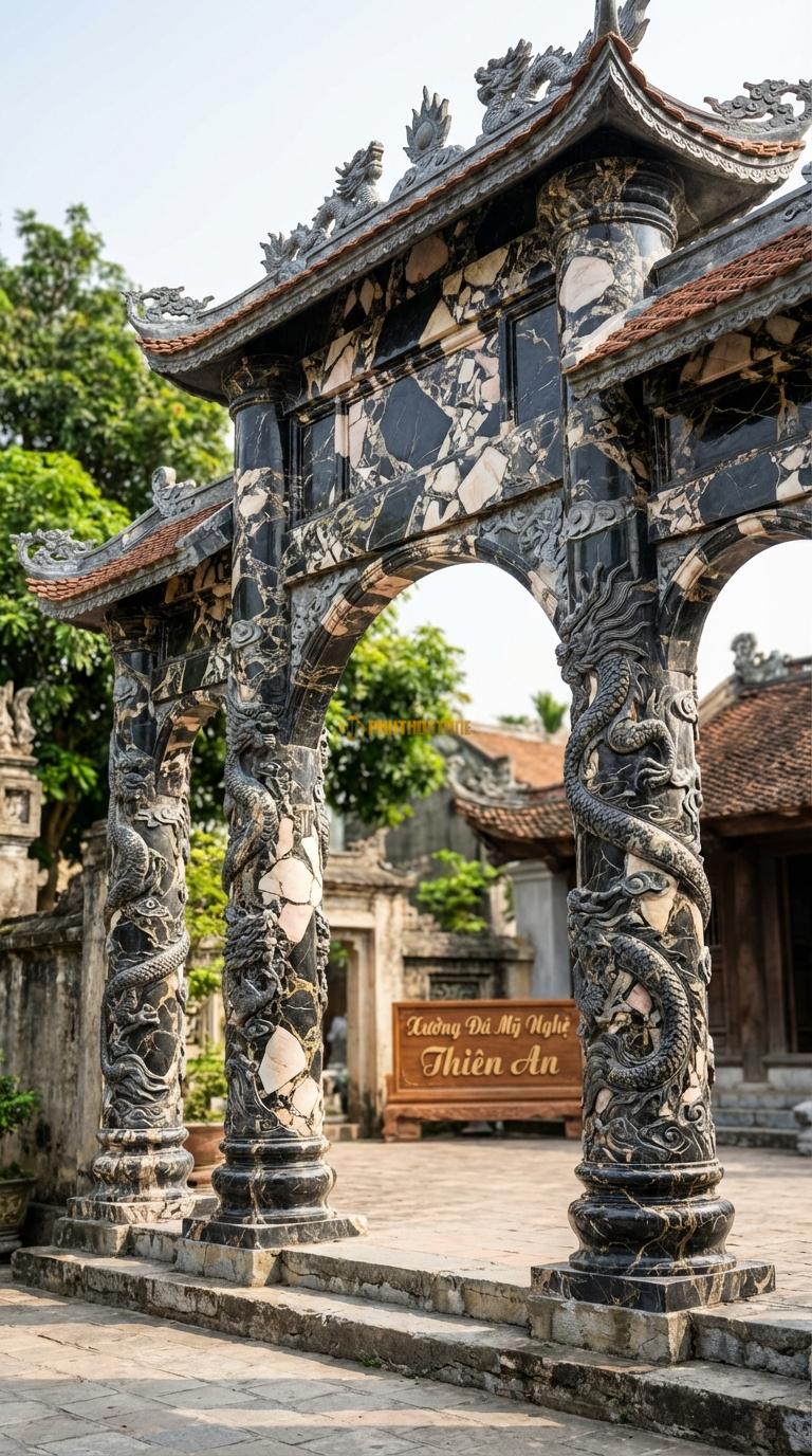 Cổng Tam Quan Đá Da Báo Rồng Cuộn (Long Cuốn Thủy): Cột tròn chạm rồng quấn nổi 5cm. Cột tròn đường kính 40cm; Cao tổng thể 4m8