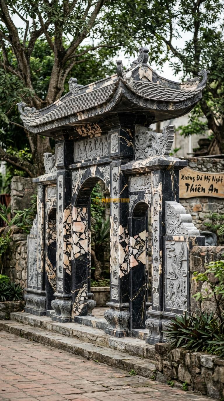 Cổng Tam Quan Đá Da Báo Thập Bát La Hán: Vách cổng chạm tích La Hán, mái ngói âm dương dày. Cột chính vuông 50cm; Rộng phủ bì 6m2