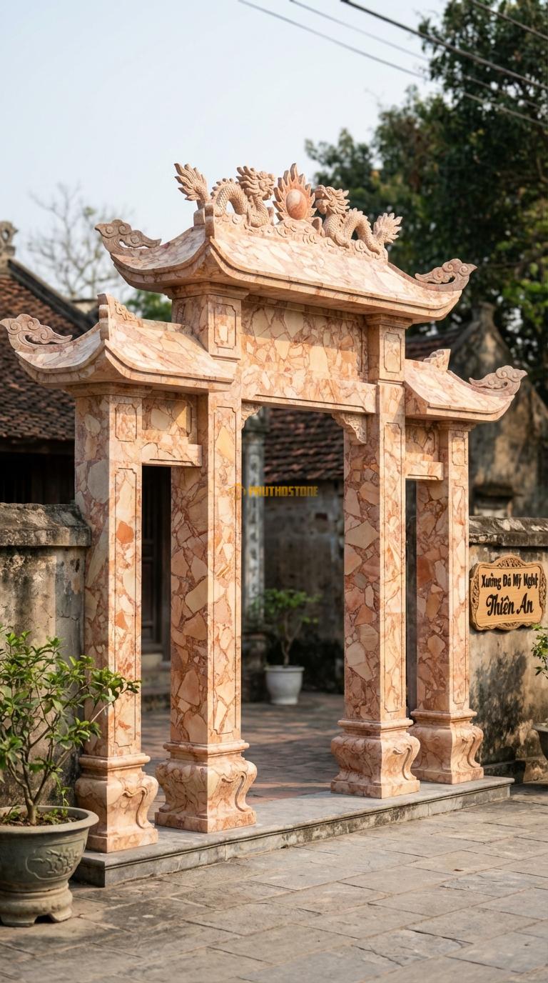 Cổng Tam Quan Đá Hồng Lưỡng Long Chầu Nguyệt: Đỉnh mái đặt mặt nguyệt lửa, đầu đao mây. Cột chính vuông 35cm; Rộng phủ bì 4m15