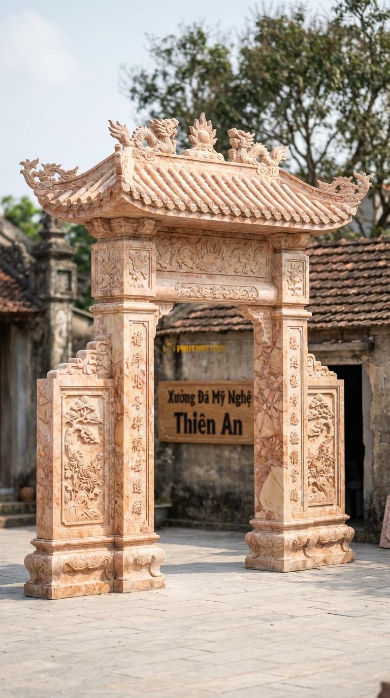 Cổng Tam Quan Đá Hồng Mái Chùa Cổ: Ngói ống, đao rồng kìm nóc. Vách chạm Tùng – Cúc. Cột chính vuông 30cm; Rộng phủ bì 3m22