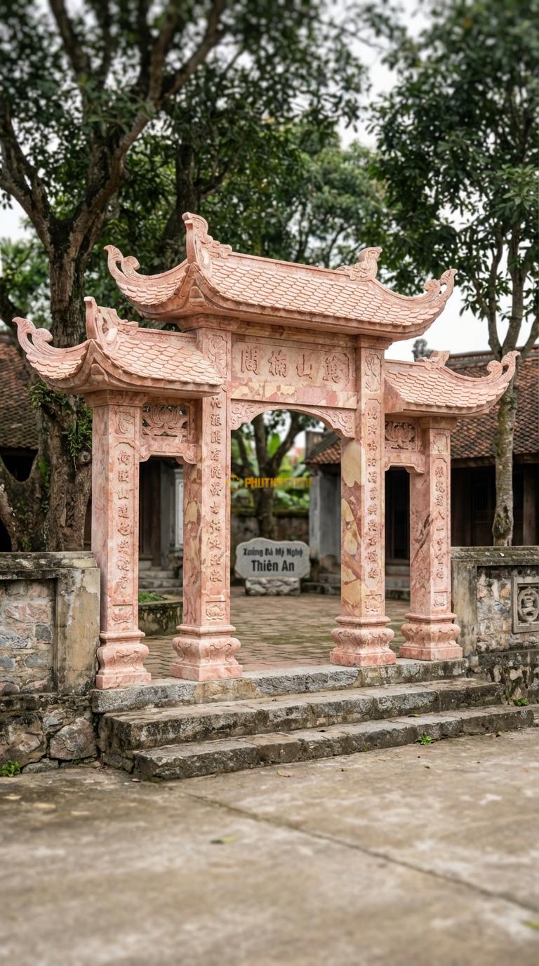 Cổng Tam Quan Đá Hồng Mái Đao Lá: Mái giả ngói vảy cá, đầu đao cách điệu lá lan (nhẹ nhàng). Cột chính vuông 25cm; Rộng phủ bì 2m83