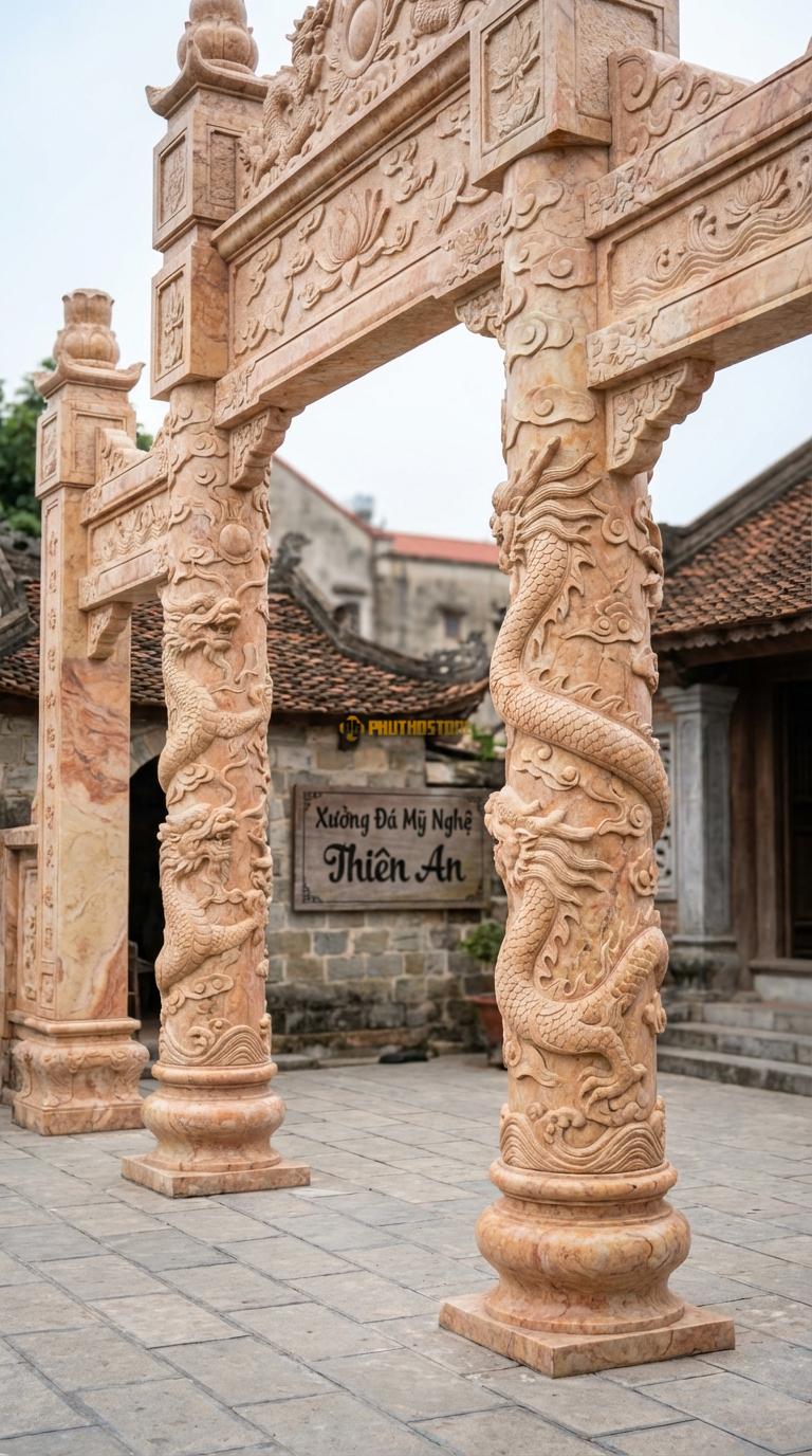 Cổng Tam Quan Đá Hồng Rồng Cuộn (Long Cuốn Thủy): Cột tròn chạm rồng quấn nổi 5cm. Cột tròn đường kính 40cm; Cao tổng thể 4m8