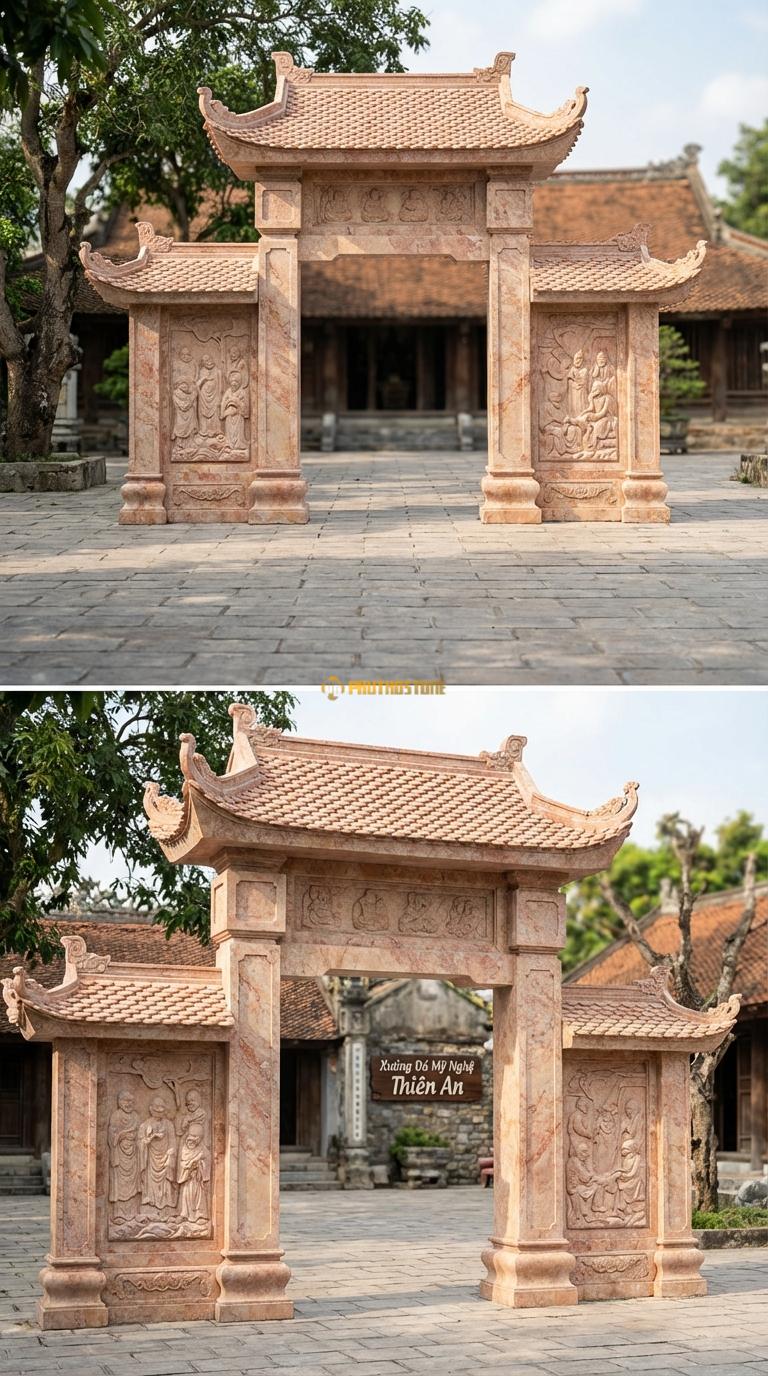 Cổng Tam Quan Đá Hồng Thập Bát La Hán: Vách cổng chạm tích La Hán, mái ngói âm dương dày. Cột chính vuông 50cm; Rộng phủ bì 6m2