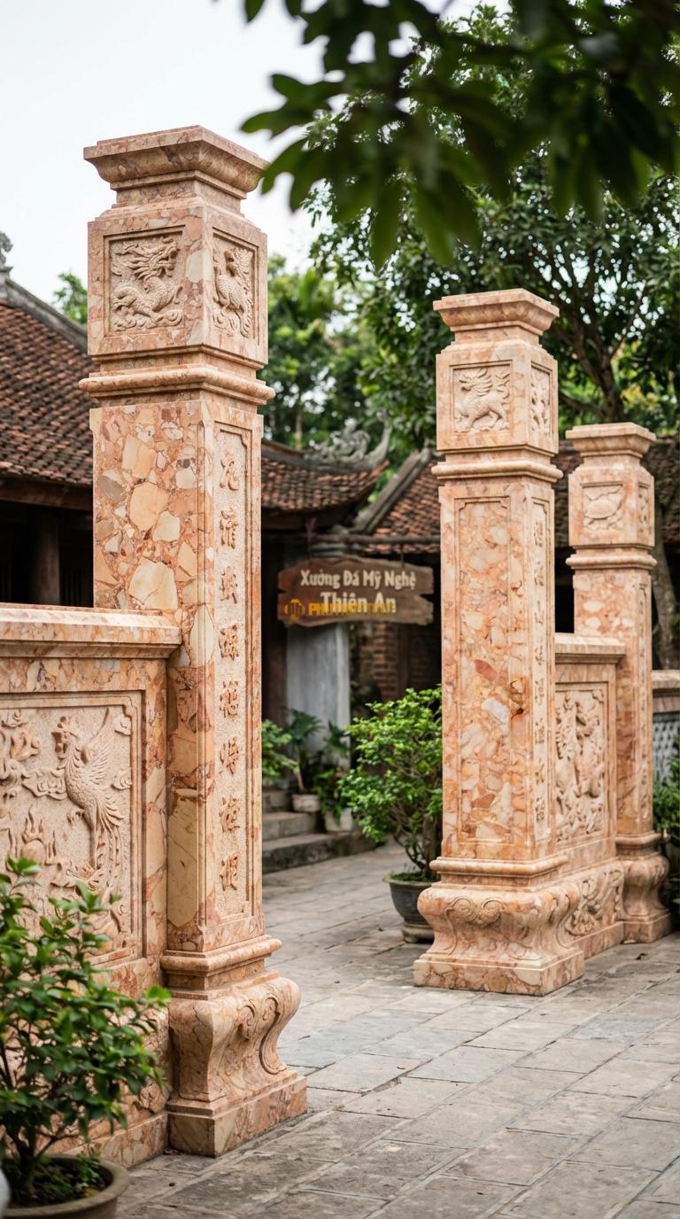 Cổng Tam Quan Đá Hồng Tứ Linh (Long Lân Quy Phụng): Chạm khắc kỹ trên 4 mặt cột và vách. Cột chính vuông 40cm; Rộng phủ bì 5m30