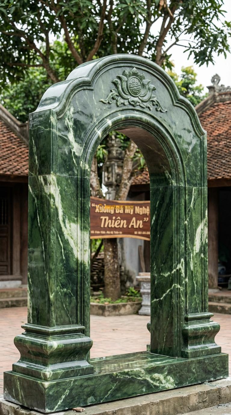 Cổng Tam Quan Đá Serpentine Cổng Vòm Cuốn: Cửa giữa hình vòm cung, trán cổng chạm “Ngũ Phúc”. Chân tảng 45x45cm; Rộng lọt sáng 2m55