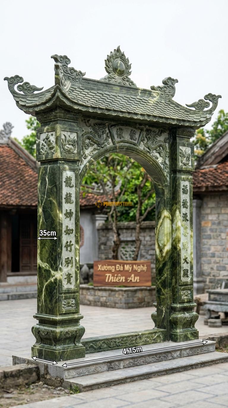 Cổng Tam Quan Đá Serpentine Lưỡng Long Chầu Nguyệt: Đỉnh mái đặt mặt nguyệt lửa, đầu đao mây. Cột chính vuông 35cm; Rộng phủ bì 4m15