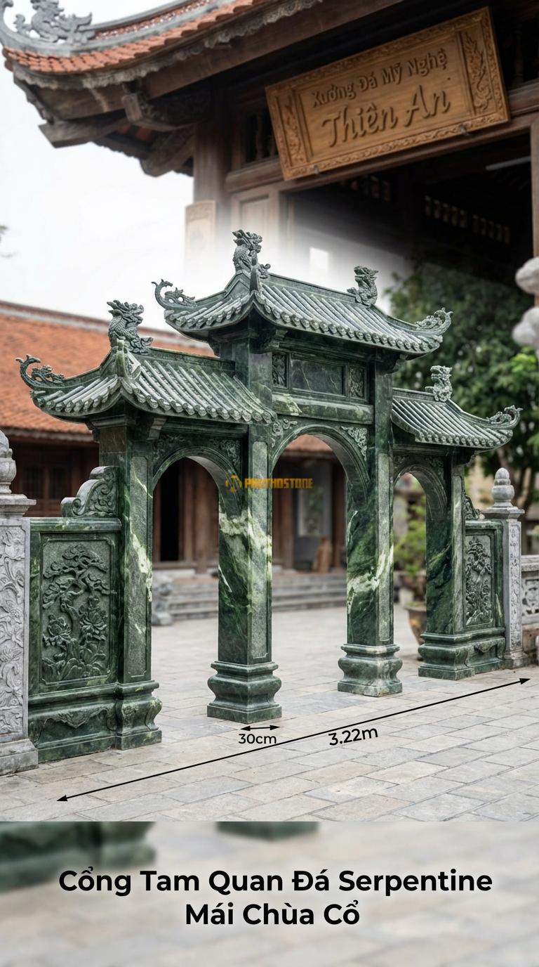 Cổng Tam Quan Đá Serpentine Mái Chùa Cổ: Ngói ống, đao rồng kìm nóc. Vách chạm Tùng – Cúc. Cột chính vuông 30cm; Rộng phủ bì 3m22