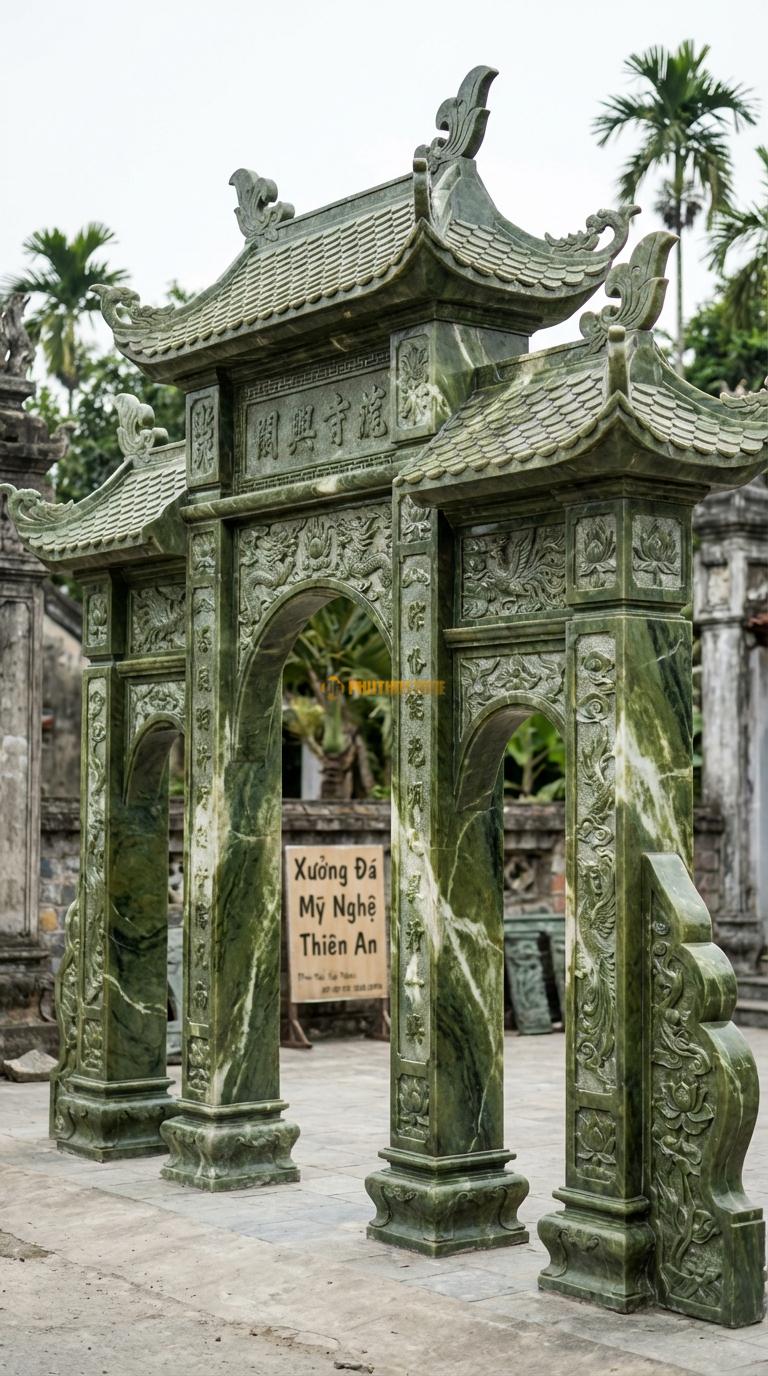 Cổng Tam Quan Đá Serpentine Mái Đao Lá: Mái giả ngói vảy cá, đầu đao cách điệu lá lan (nhẹ nhàng). Cột chính vuông 25cm; Rộng phủ bì 2m83