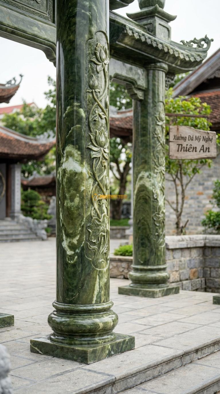 Cổng Tam Quan Đá Serpentine Sen Hóa: Họa tiết dây sen mềm mại chạy dọc cột, phù hợp cổng chùa. Cột tròn đường kính 35cm; Rộng phủ bì 3m68