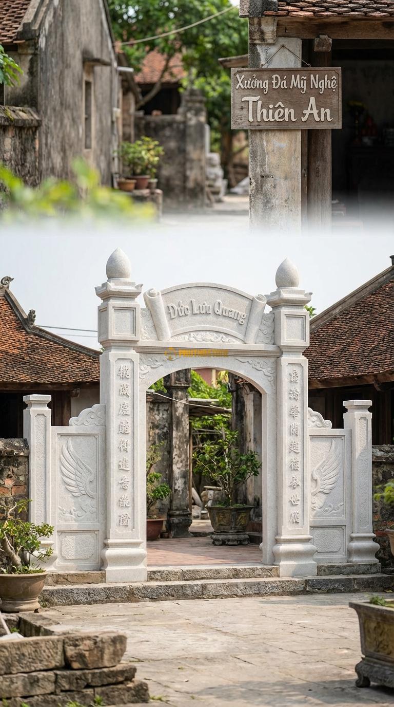 Cổng Tam Quan Đá Trắng Muối Câu Đối Chữ Hán: Cột chạm câu đối, trán cổng chạm cuốn thư “Đức Lưu Quang”. Cột chính vuông 30cm; Cao tổng thể 3m6