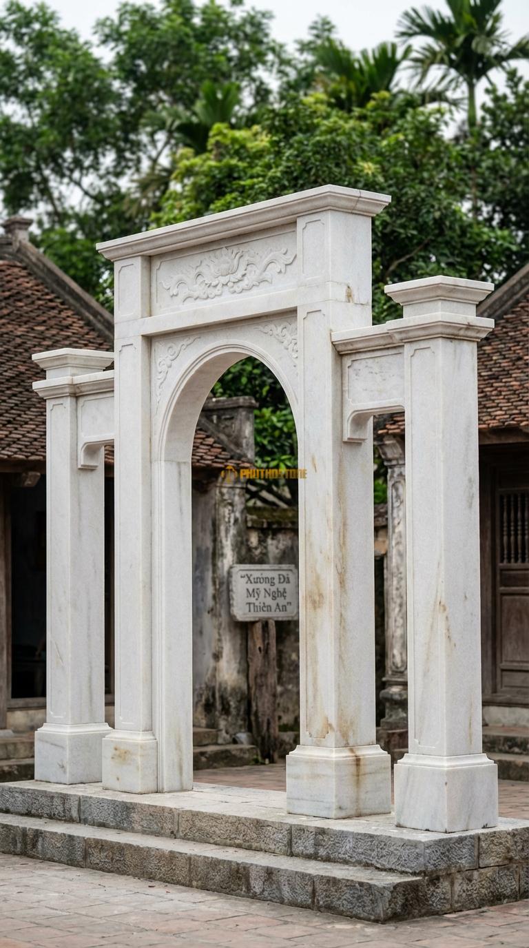 Cổng Tam Quan Đá Trắng Muối Cổng Vòm Cuốn: Cửa giữa hình vòm cung, trán cổng chạm “Ngũ Phúc”. Chân tảng 45x45cm; Rộng lọt sáng 2m55