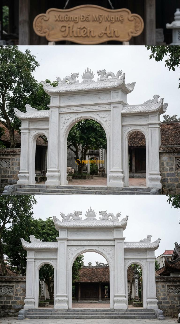 Cổng Tam Quan Đá Trắng Muối Lưỡng Long Chầu Nguyệt: Đỉnh mái đặt mặt nguyệt lửa, đầu đao mây. Cột chính vuông 35cm; Rộng phủ bì 4m15