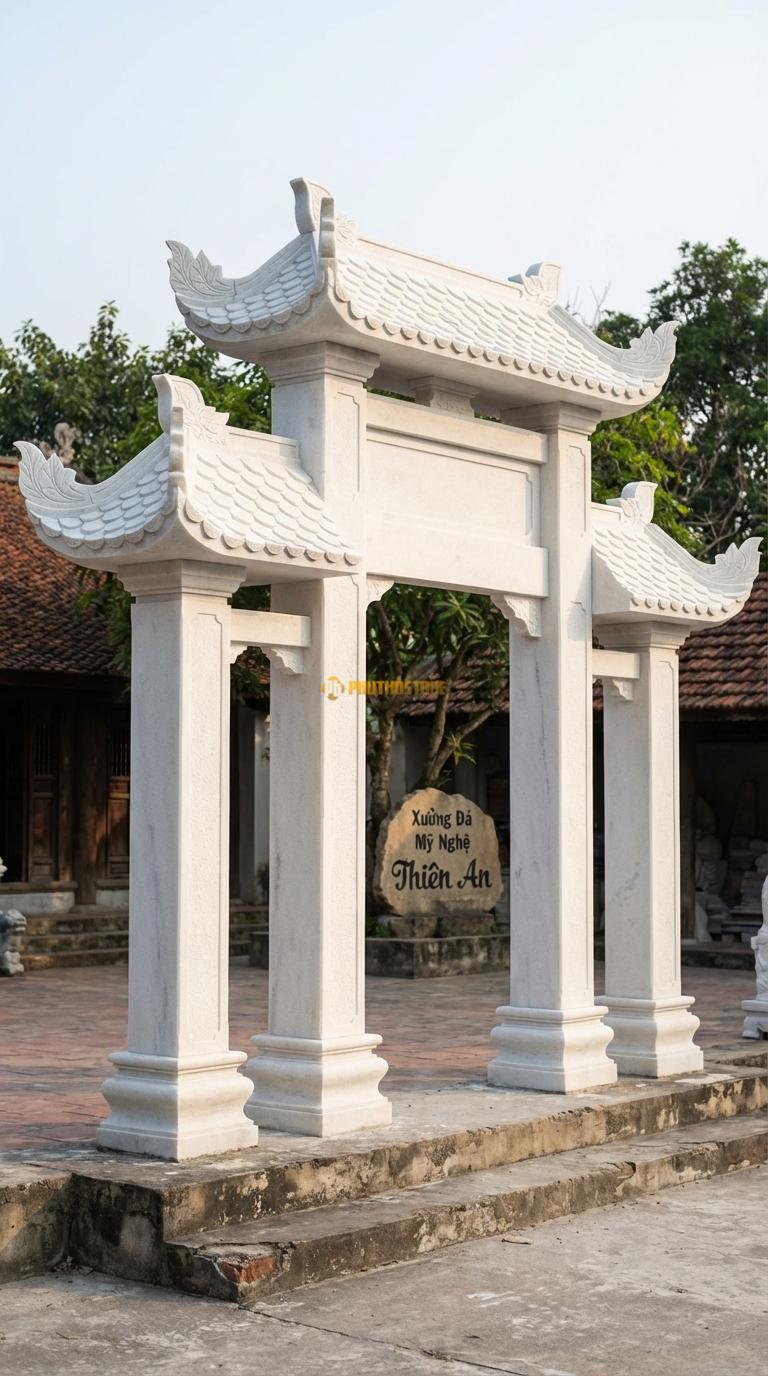Cổng Tam Quan Đá Trắng Muối Mái Đao Lá: Mái giả ngói vảy cá, đầu đao cách điệu lá lan (nhẹ nhàng). Cột chính vuông 25cm; Rộng phủ bì 2m83