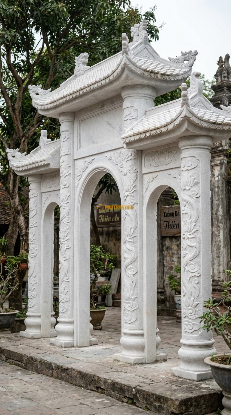 Cổng Tam Quan Đá Trắng Muối Sen Hóa: Họa tiết dây sen mềm mại chạy dọc cột, phù hợp cổng chùa. Cột tròn đường kính 35cm; Rộng phủ bì 3m68