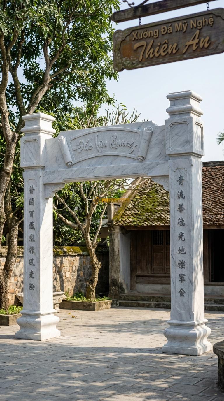 Cổng Tam Quan Đá Trắng Yên Bái Câu Đối Chữ Hán: Cột chạm câu đối, trán cổng chạm cuốn thư “Đức Lưu Quang”. Cột chính vuông 30cm; Cao tổng thể 3m6